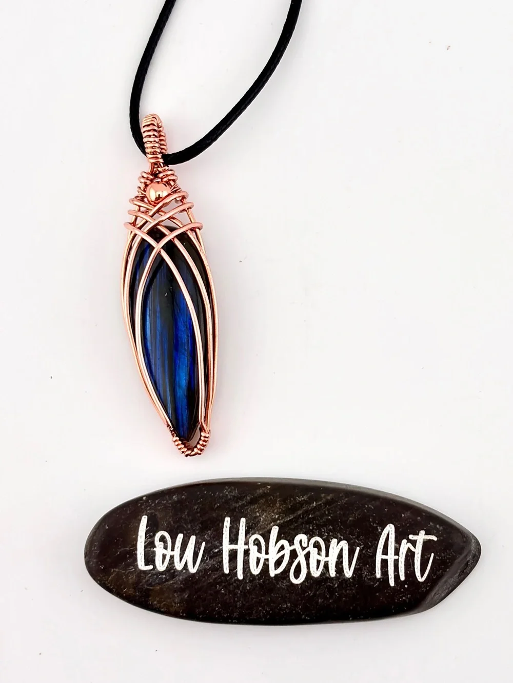 HANDMADE Blue Flash Labradorite Copper Wire Wrapped Unisex Pendant Necklace